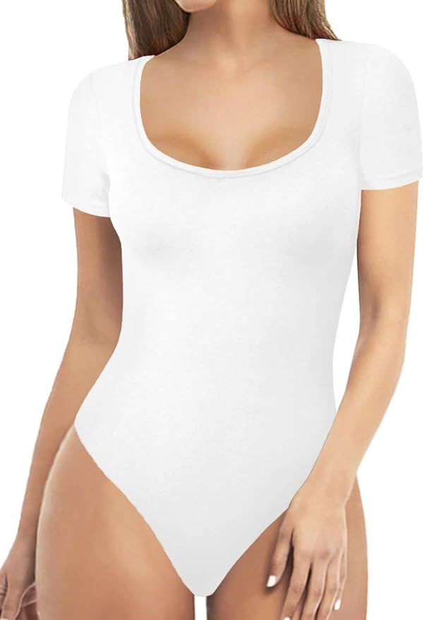 MANGOPOP Women's Scoop Neck Short Sleeve Long Sleeve Stretchy Basic Bodysuit Jumpsuits | Amazon (US)
