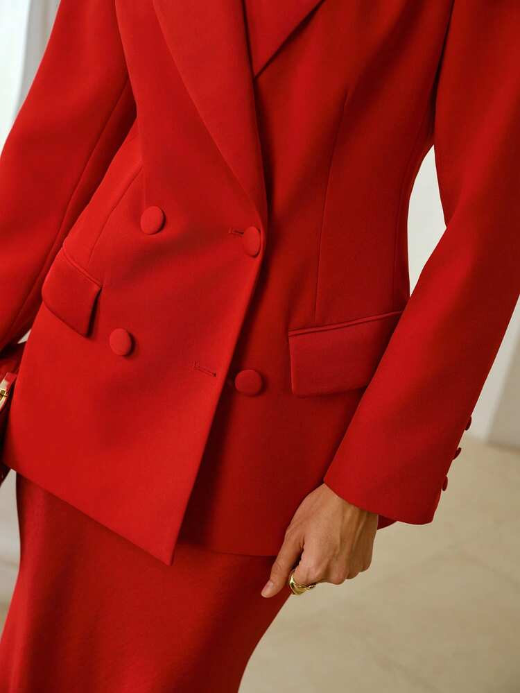 ZEYLAH Satin Patchwork Elegant Women's Blazer Jacket With Lapel Neck And Double-Breasted Buttons | SHEIN