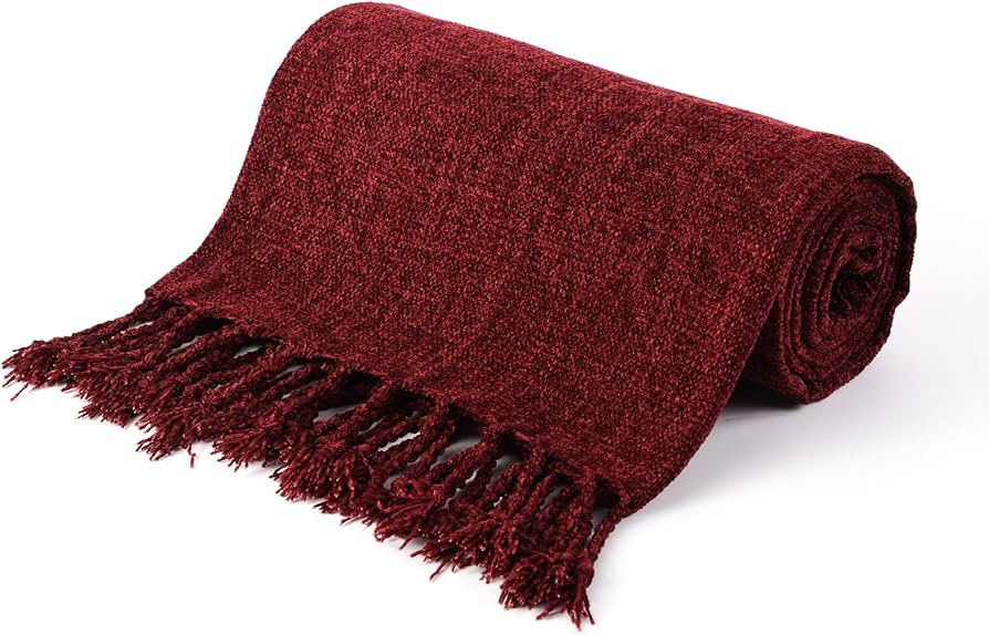 BATTILO HOME Burgundy Chenille Throw Blanket, Decorative Red Knit Throw with Fringe, Lightweight ... | Amazon (US)