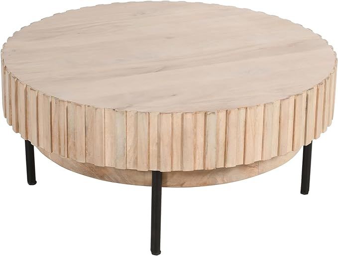 36 Inch Modern Handcrafted Round Coffee Table, Oak White Wood Top with Grooved Edges, Black Iron ... | Amazon (US)