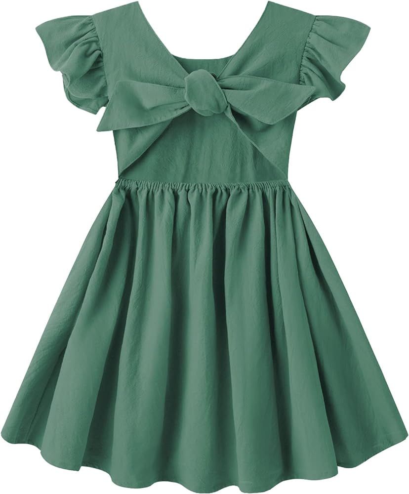 LYXIOF Toddler Baby Girl Cotton Linen Summer Dress Ruffle Sleeve Back Bowknot Kids Beach Dresses | Amazon (US)