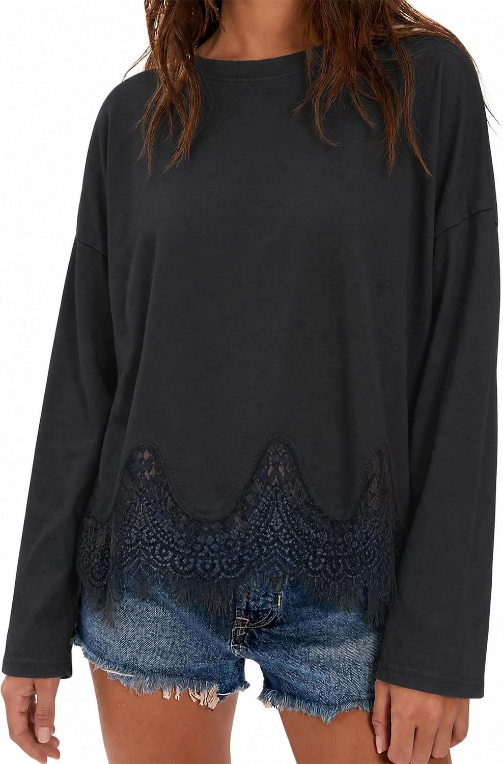 Tankaneo Womens Long Sleeve Lace Tops Oversized Crew Neck Casual T Shirts | Amazon (US)