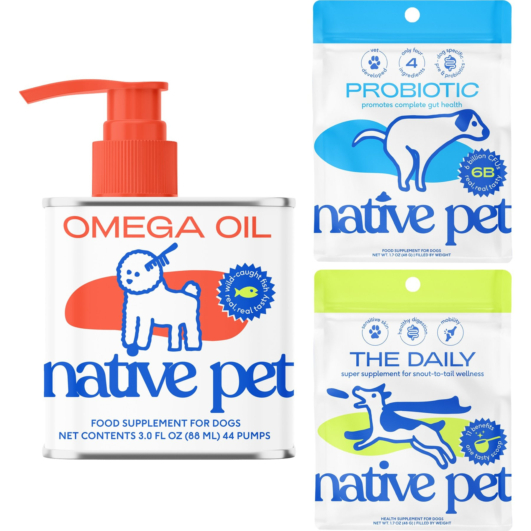 Native Pet Dog Supplement Trial Pack: Omega Oil, 3-fl oz bottle + The Daily 11-in-1 Powder, 1.7-oz + Probiotic Digestive Powder, 1.7-oz | Chewy