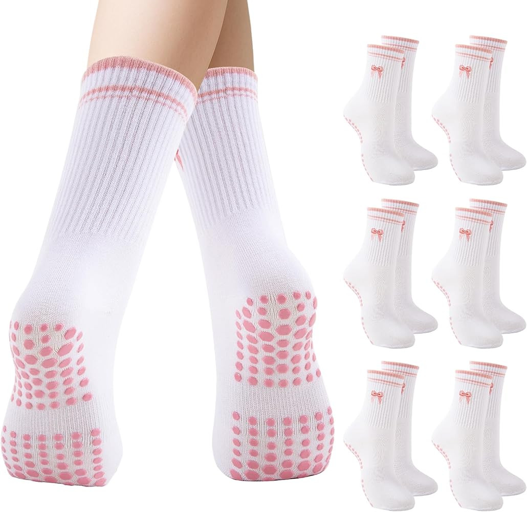 Pilates Grip Socks for Women Non Slip Grippy Yoga Socks Cute Crew Athletic Coquette Sock with Emb... | Amazon (US)