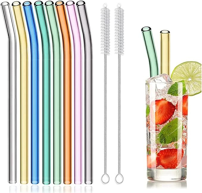 8 Pcs Reusable Glass Straws, 8"x8mm Eco-friendly Drinking Straws for Smoothies, Milkshakes, Tea, ... | Amazon (US)