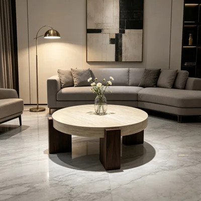 31.69 Inch Round Wood Coffee Table & Sofa Table - Sintered Stone Tabletop with Sturdy MDF Pedestal for Living Room Bedroom | Wayfair North America