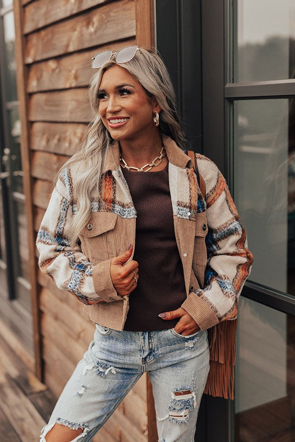 Morning In The Mountains Plaid Jacket In Iced Latte | Impressions Online Boutique