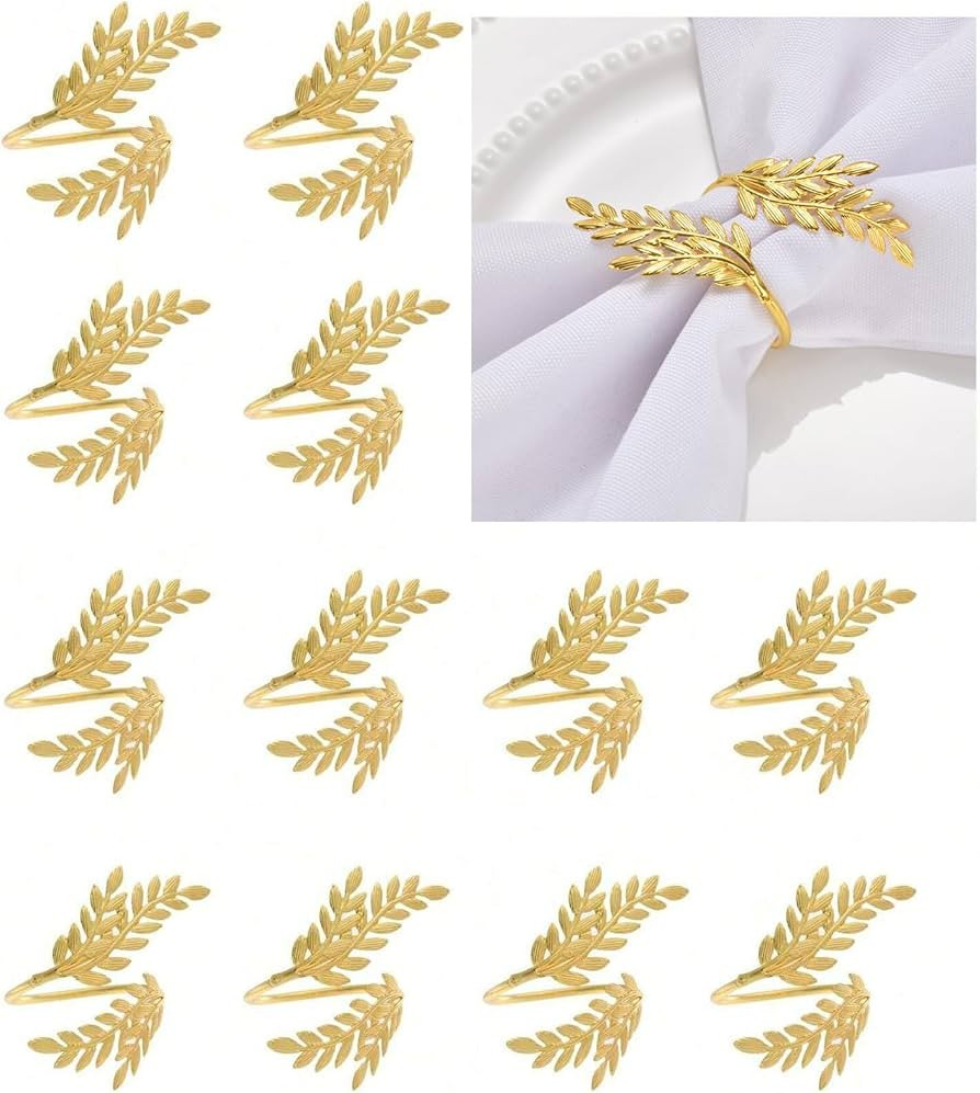 14K Gold Napkin Rings Set of 12,Metal Gold Leaf Napkins Rings Holder Buckles for Thanksgiving Chr... | Amazon (US)