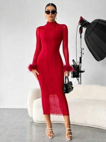 SHEIN Privé Fuzzy Cuff Mock Neck Seam Detail Bodycon Dress | SHEIN