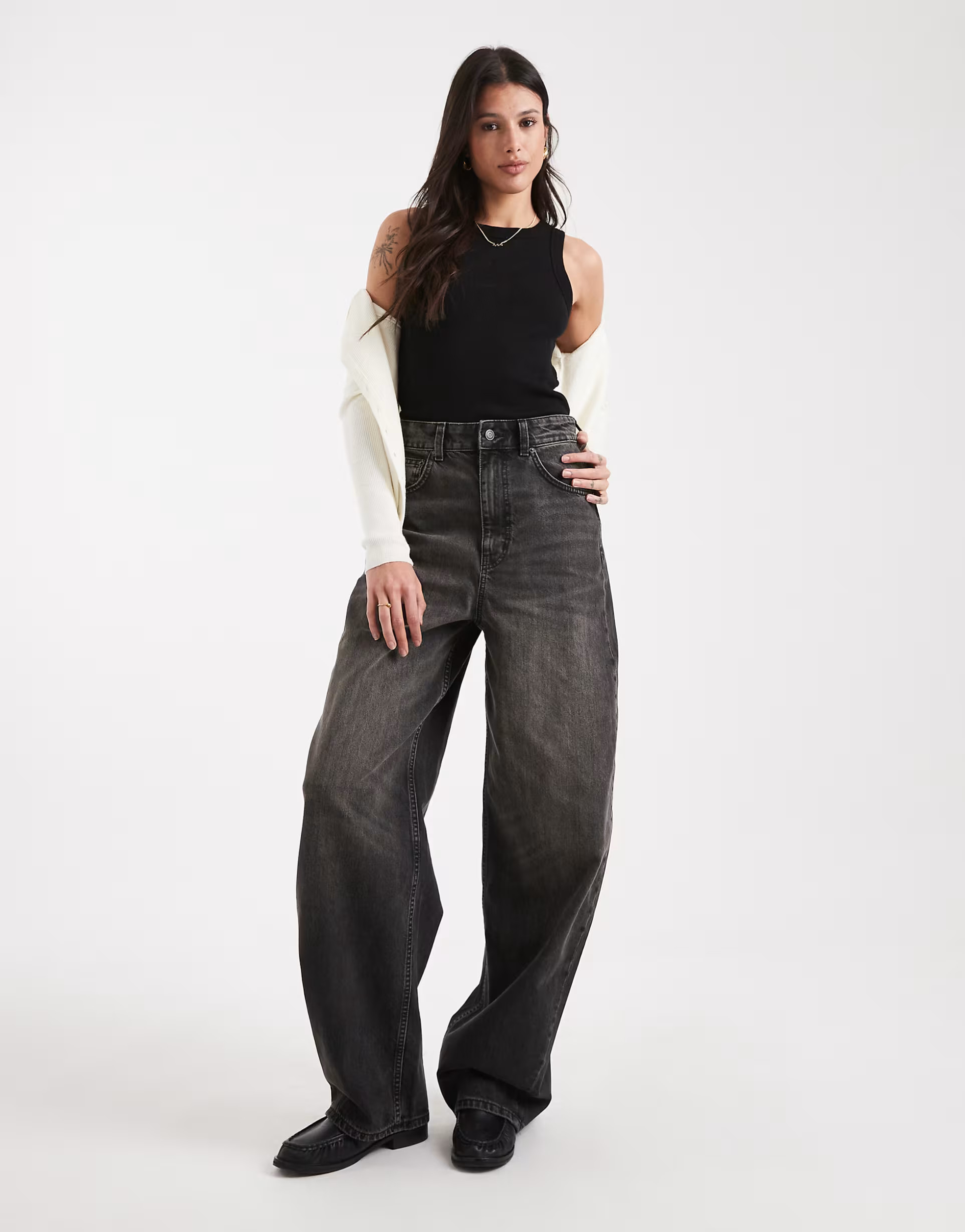 ASOS DESIGN Tall high waisted barrel leg jeans in washed charcoal | ASOS (Global)