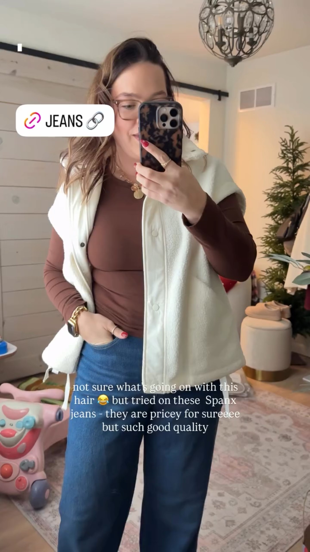 not sure what’s going on with this hair 😂 but tried on these  Spanx jeans - they are pricey for sureeee but such good quality

#LTKootd #LTKMidsize #LTKmomlife