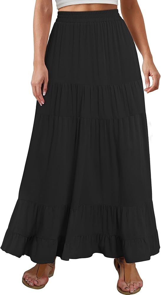 ANRABESS Womens Maxi Skirt Elastic High Waist Swing Tiered A-line Flowy Pleated Boho Beach Vacati... | Amazon (US)