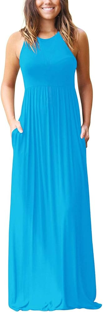 Women's Sleeveless Racerback Loose Plain Maxi Dresses Casual Long Dresses with Pockets | Amazon (US)