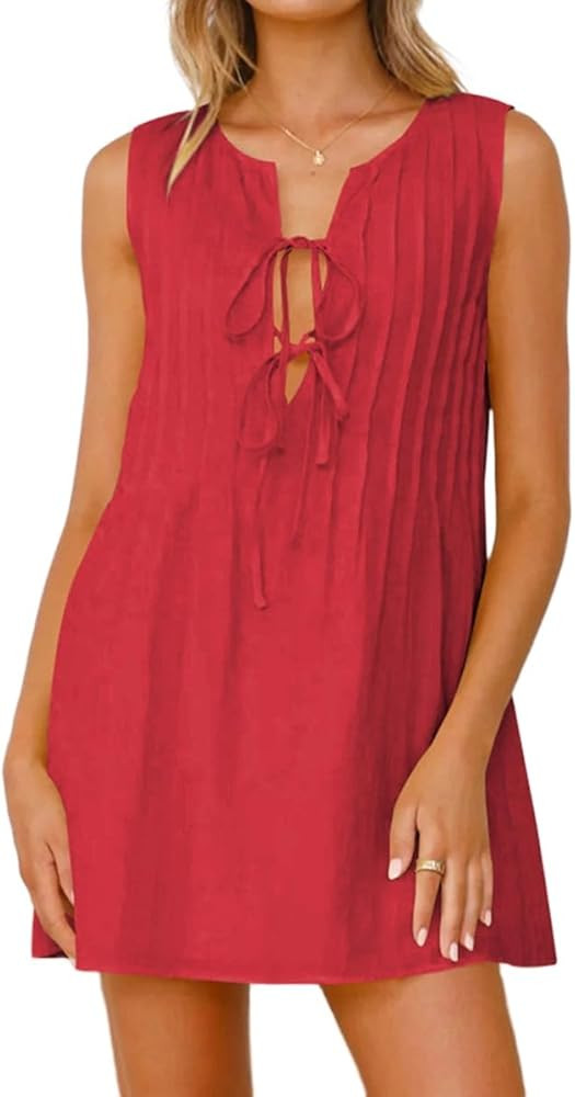 LOFAAC Women Y2K Bow Tie Front Pleated Peplum Mini Dress Loose Fit Sleeveless Crew Neck Linen Bab... | Amazon (US)
