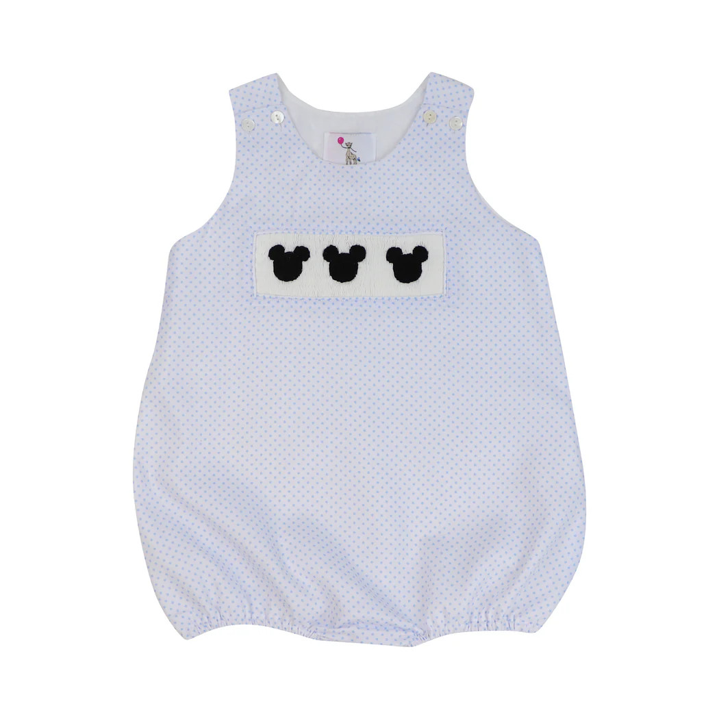 Blue Pique Dot Smocked Mouse Ears Bubble | Eliza James Kids