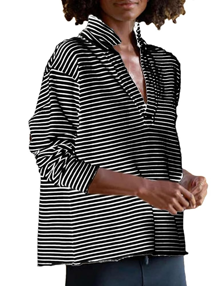 Zontroldy Women's Casual V Neck Pullover Sweatshirt Long Sleeve Solid Color/Stripe Polo Collared ... | Amazon (US)