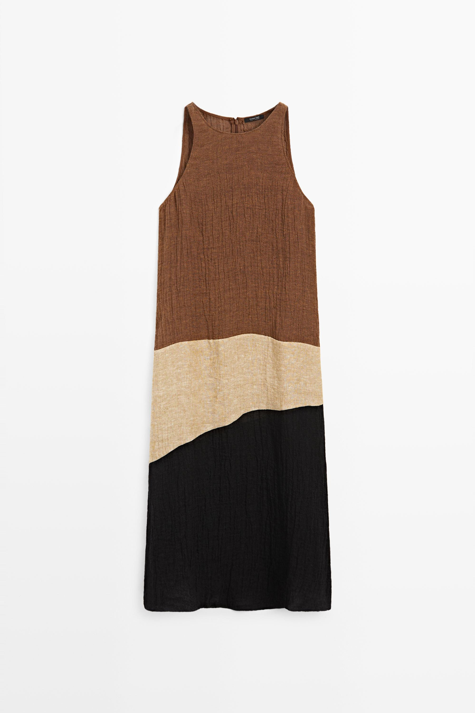 Combined linen blend midi dress | Massimo Dutti US
