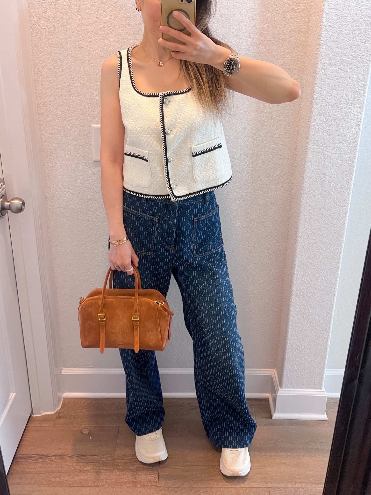 Everyday outfit straight high waist jeans Boston bag tweed vest

#LTKootd #LTKOver40 #LTKmomlife