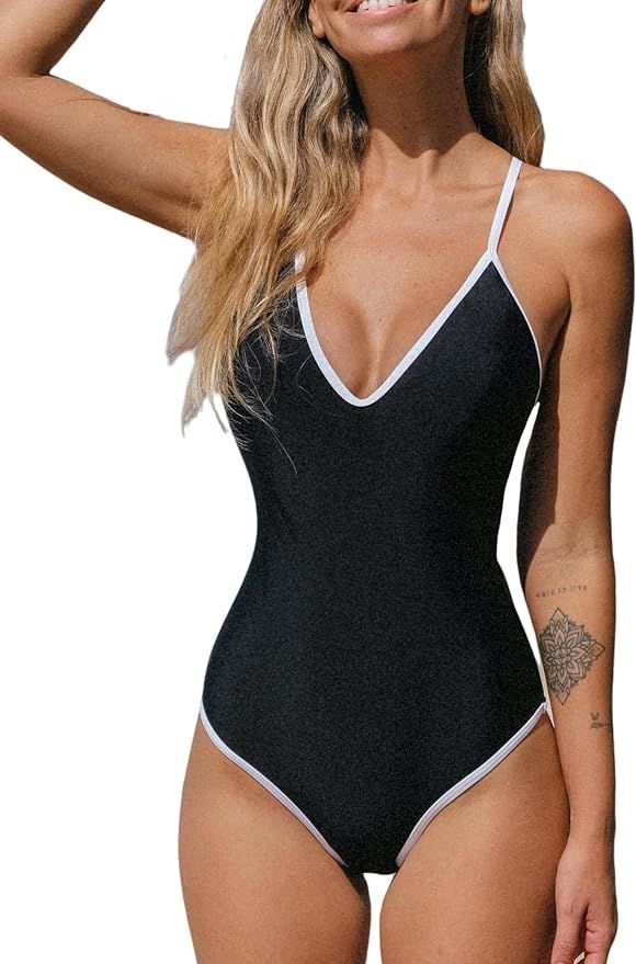CUPSHE Women's One Piece Swimsuit V Neck Bathing Suit Crisscross Back Swimwear | Amazon (US)