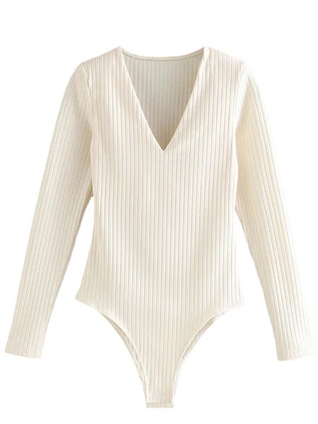 'Tessa' V-Neck Long Sleeves Ribbed Bodysuit | Goodnight Macaroon