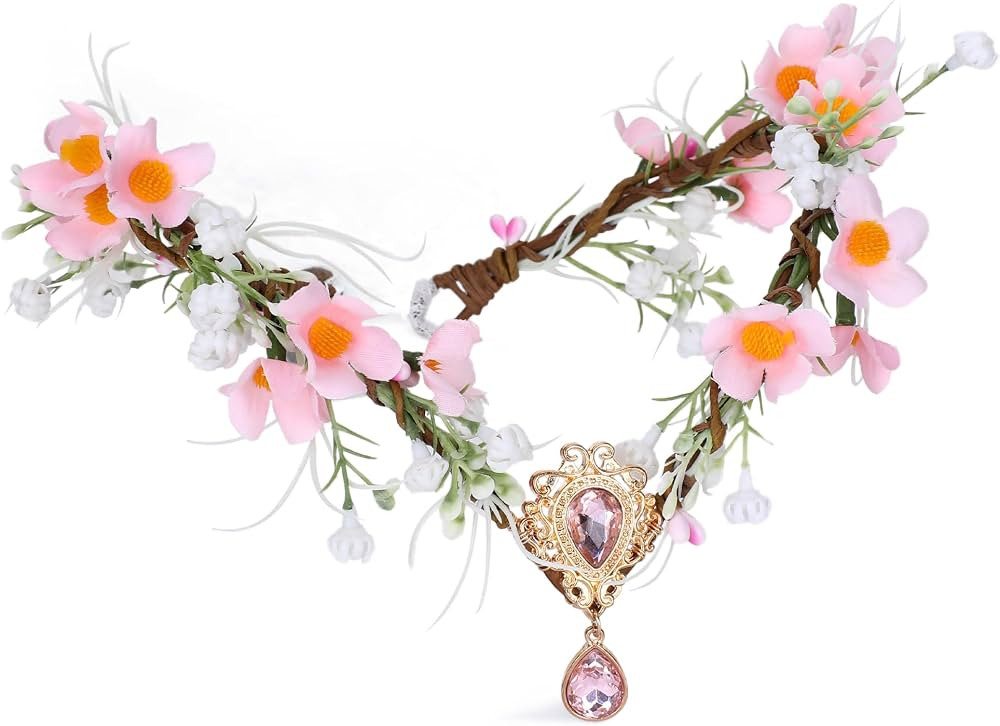 MOSTORY Pink Flower Elf Crown - Handmade Woodland Fairy Headpiece Forest Floral Headband with Cry... | Amazon (US)