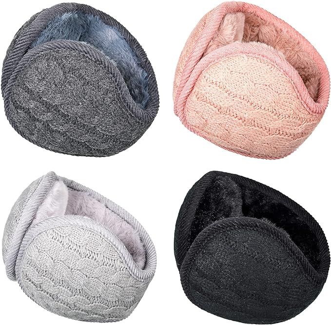 Ficerd 4 Pieces Unisex Warm Knit Earmuffs Furry Fleece Winter Ear Muffs Foldable Ear Covers Soft ... | Amazon (US)