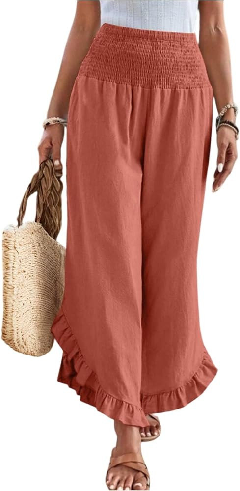 Linen Pants Women Summer Wide Leg Palazzo Pants Boho Smocked High Waisted Ruffle Hem Beach Flowy ... | Amazon (US)