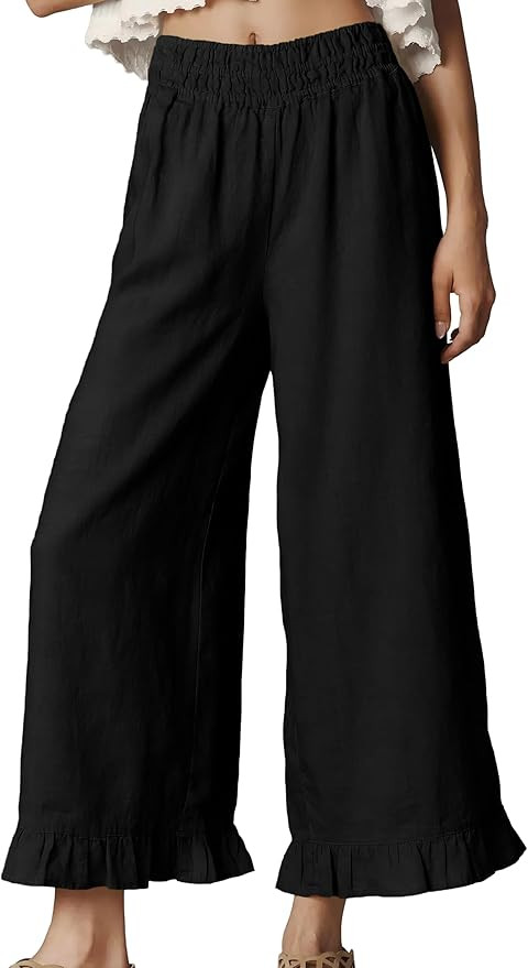 Women's Wide Leg Pants High Waist Ruffle Hem Casual Loose Cropped Trousers Solid Color Lightweigh... | Amazon (US)