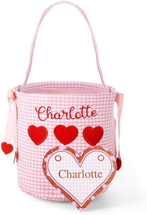 BYFDIY Custom Valentine Day Gift Bucket Gingham Heart Personalized Embroidered Name Gift Baskets ... | Amazon (US)