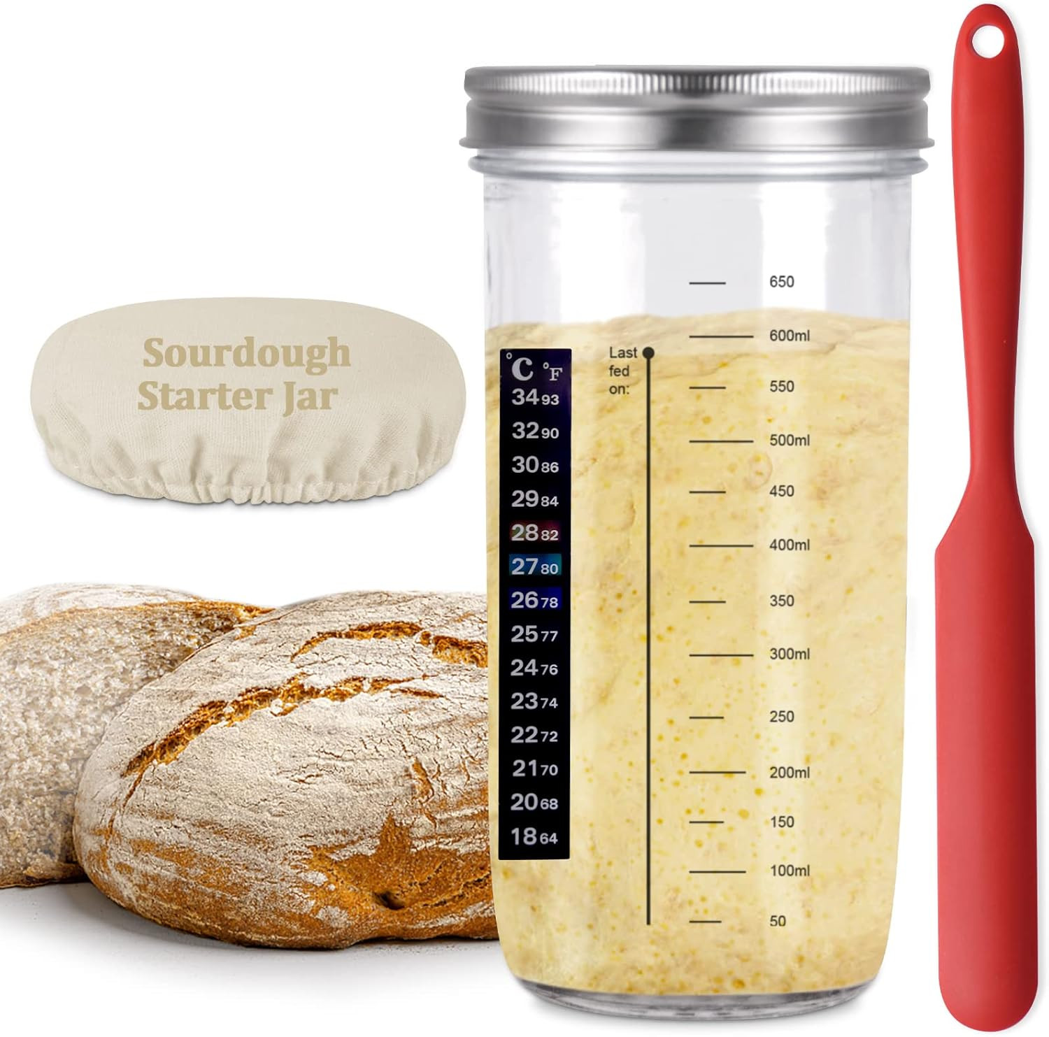 DIY Sourdough Starter Jar Kit, 650ml Sourdough Starter Jar With Thermometer, Silicone Scraper, Cl... | Amazon (US)