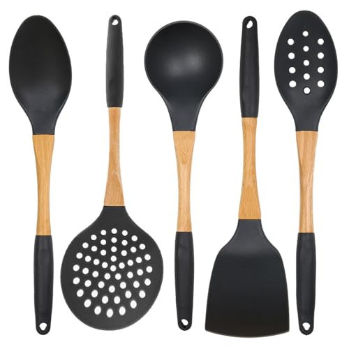 Beille 5pc Dark Grey Nylon Wooden Kitchen Utensils with Cooking Spoons, Soup Ladle, Skimmer Spoon and Spatula, 13 Inch | Amazon (US)