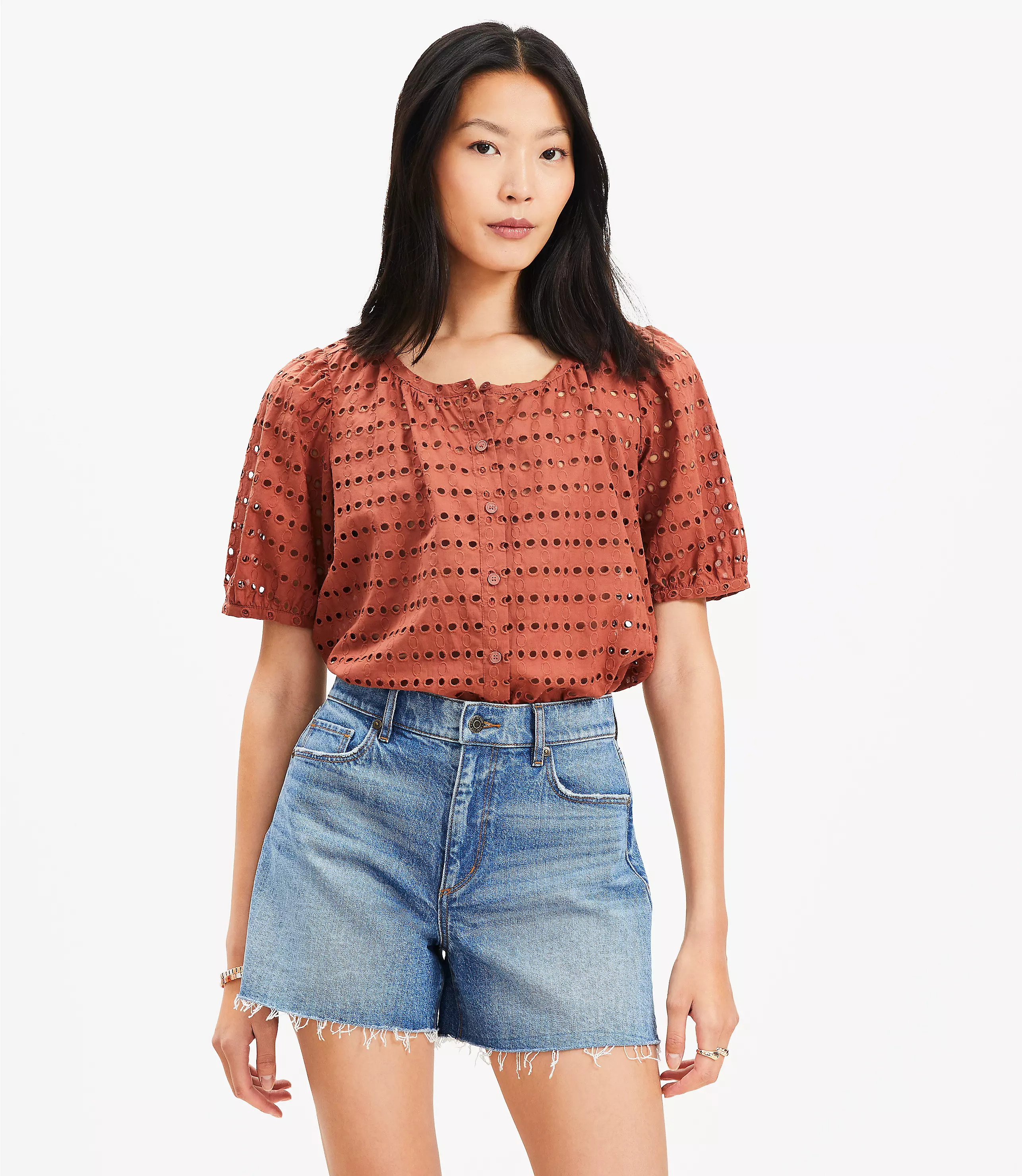 Eyelet Bubble Sleeve Blouse | LOFT
