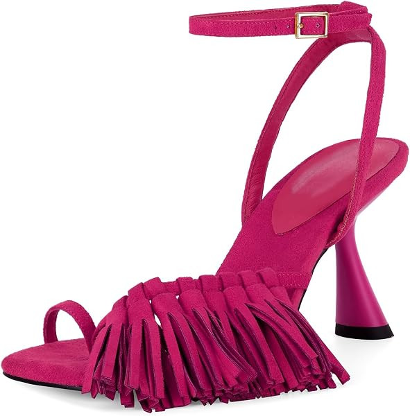 Richealnana Women's Fringe Toe Ring Ankle Strap Sandals Square Toe Tassel Shoes For Party Prom | Amazon (US)