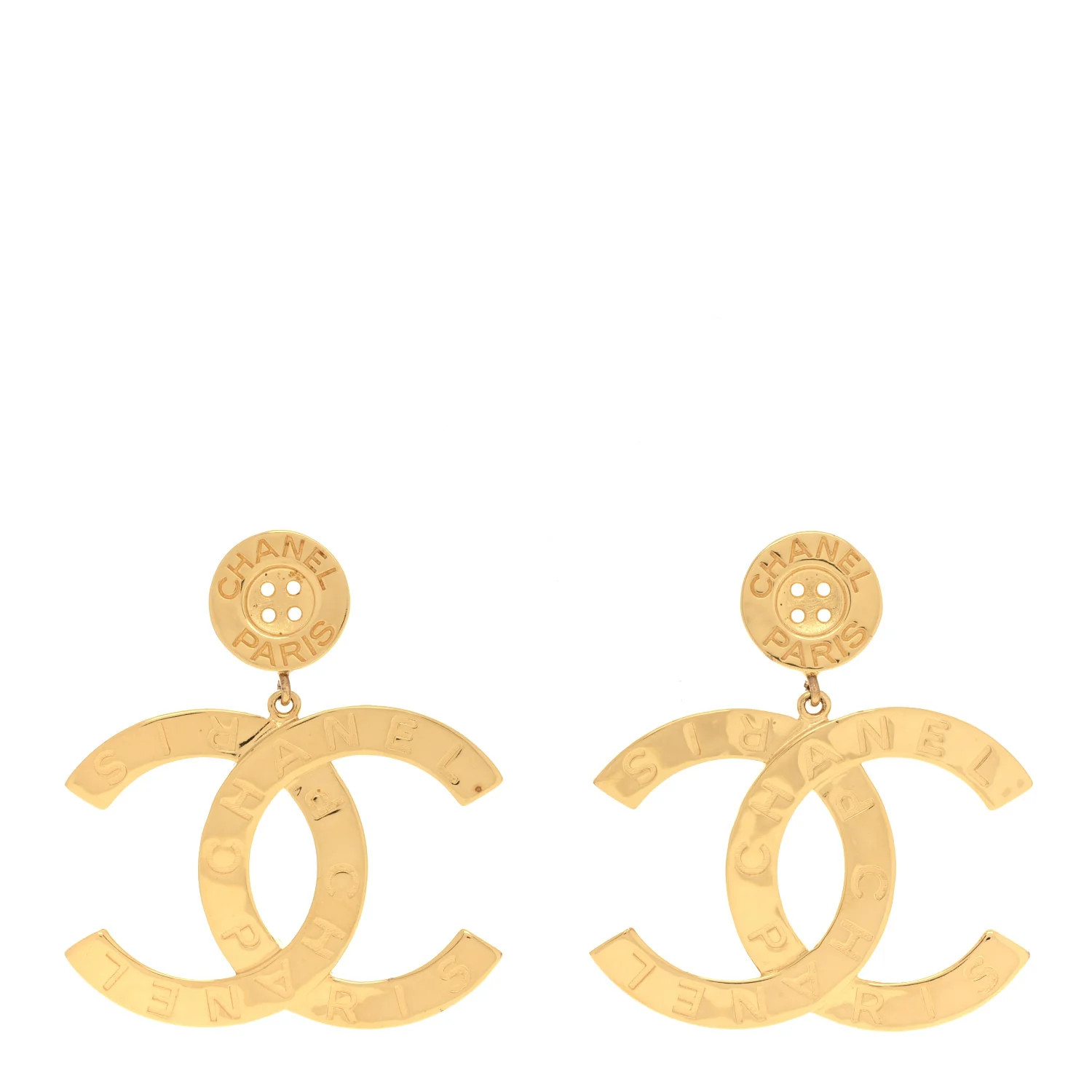 Chanel Metal Large Paris Button Earrings Gold 1851208 | FASHIONPHILE (US)