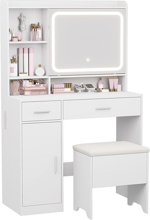 Amazon.com: Hogxp Vanity Desk with Sliding Mirror & Power Outlets - Dimmable LED Lighting, 4 Open... | Amazon (US)