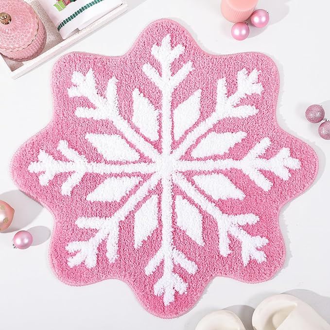 TRUEDAYS Pink Christmas Decor Snowflake Bathroom Rug, Snowflake Welcome Mat Non Slip Round Shaped... | Amazon (US)
