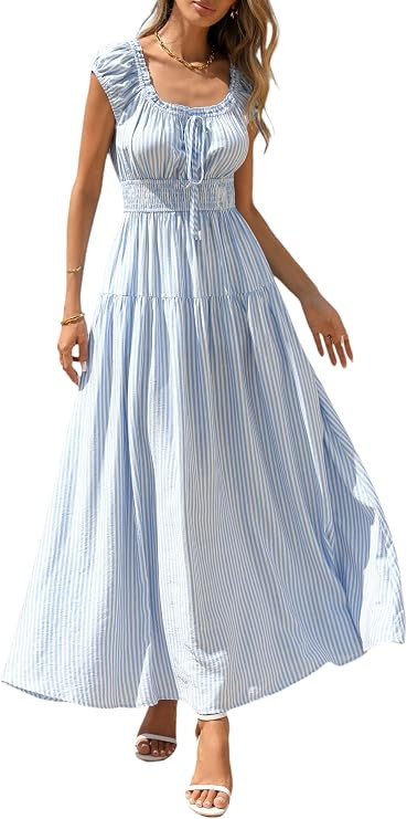 PRETTYGARDEN Women Boho Floral Maxi Sun Dress | Flowy A Line, Smocked Waist, Square Neck, Pockets... | Amazon (US)