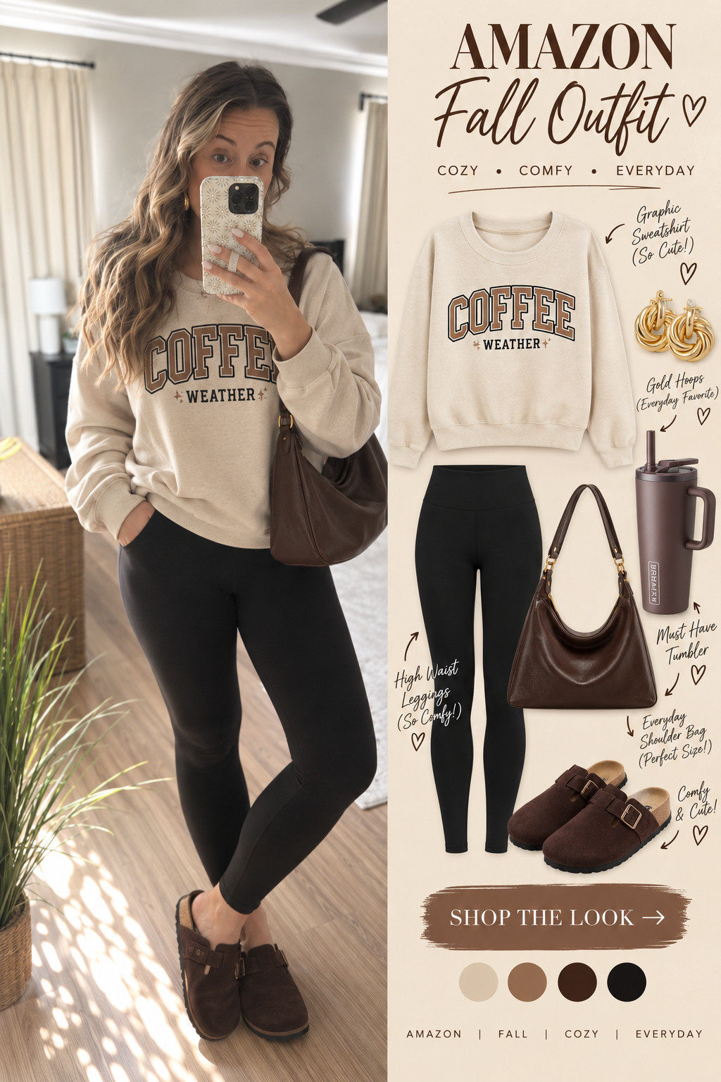 Coffee weather + leggings season = my favorite combination. ☕️🤎
This is one of those easy Amazon outfits I’ll reach for over and over — the cutest Coffee Weather sweatshirt, comfy black leggings, brown clogs + a chocolate brown bag.
Perfect for coffee runs, errands, travel days, school drop-off or just being cozy while still looking put together. 🍂
Tap to shop the exact pieces from the look!

#AmazonFashion #AmazonFinds #FallOutfit #FallFashion #CoffeeWeather #LeggingsOutfit #CozyOutfit #FallStyle 

 #LTKootd #LTKSeasonal #LTKU