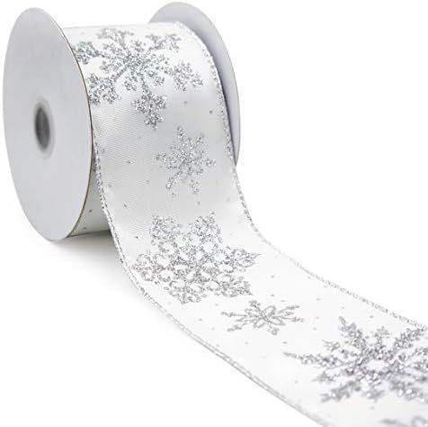 CT CRAFT LLC White Satin with Silver Snowflake Wired Ribbon - 2.5 Inch x 10 Yards - White / Silve... | Amazon (US)