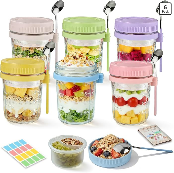 Overnight Oats Containers with Lids and Spoon - 6 Pack 16 oz Glass Mason Jars with Separate Compa... | Amazon (US)