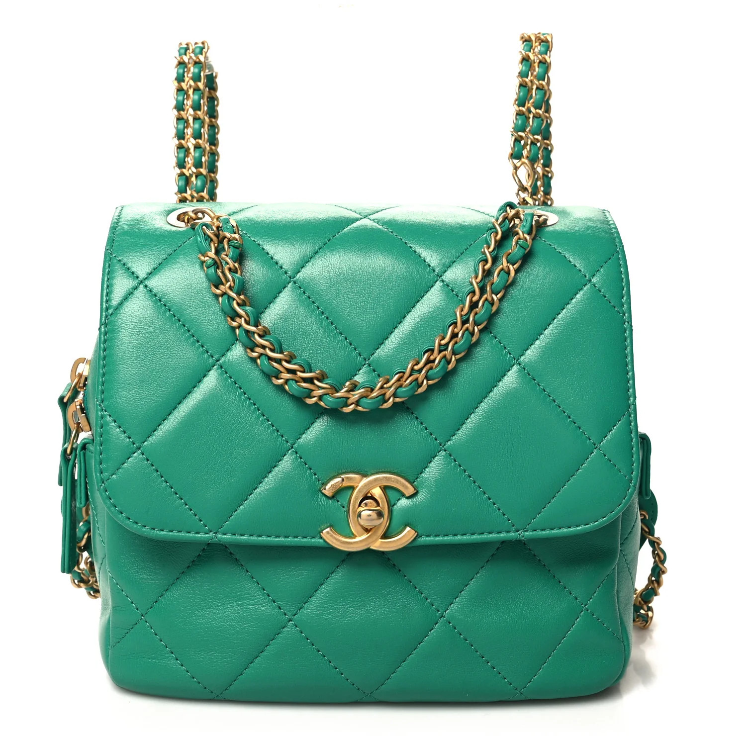 Lambskin Quilted Chain CC Backpack Green | FASHIONPHILE (US)