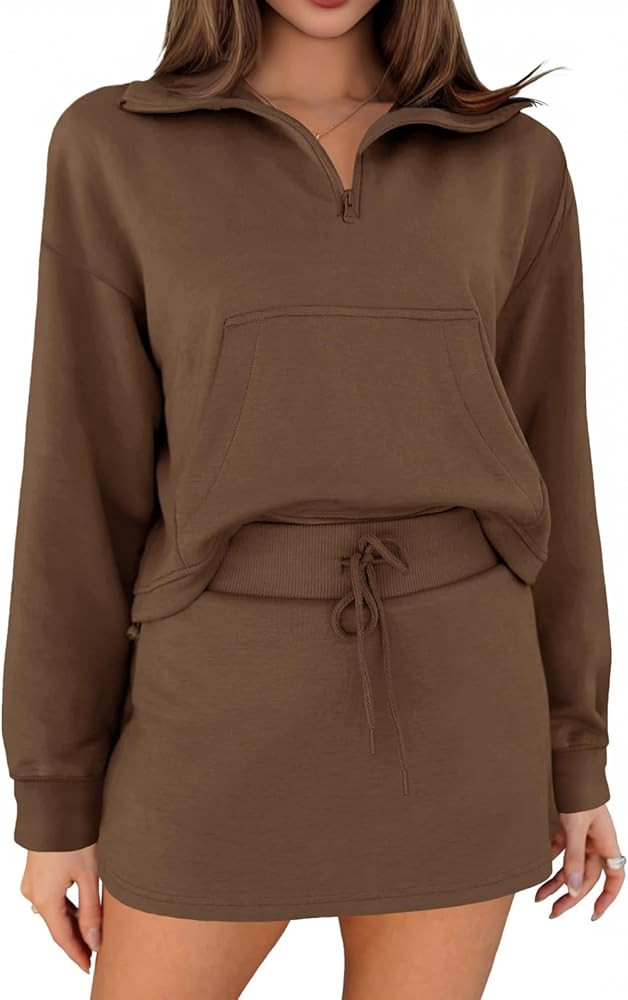 Fisoew Womens Sweatsuits 2 Piece Outfits Quarter Zip Cropped Sweatshirts Casual Mini Skorts Loung... | Amazon (US)