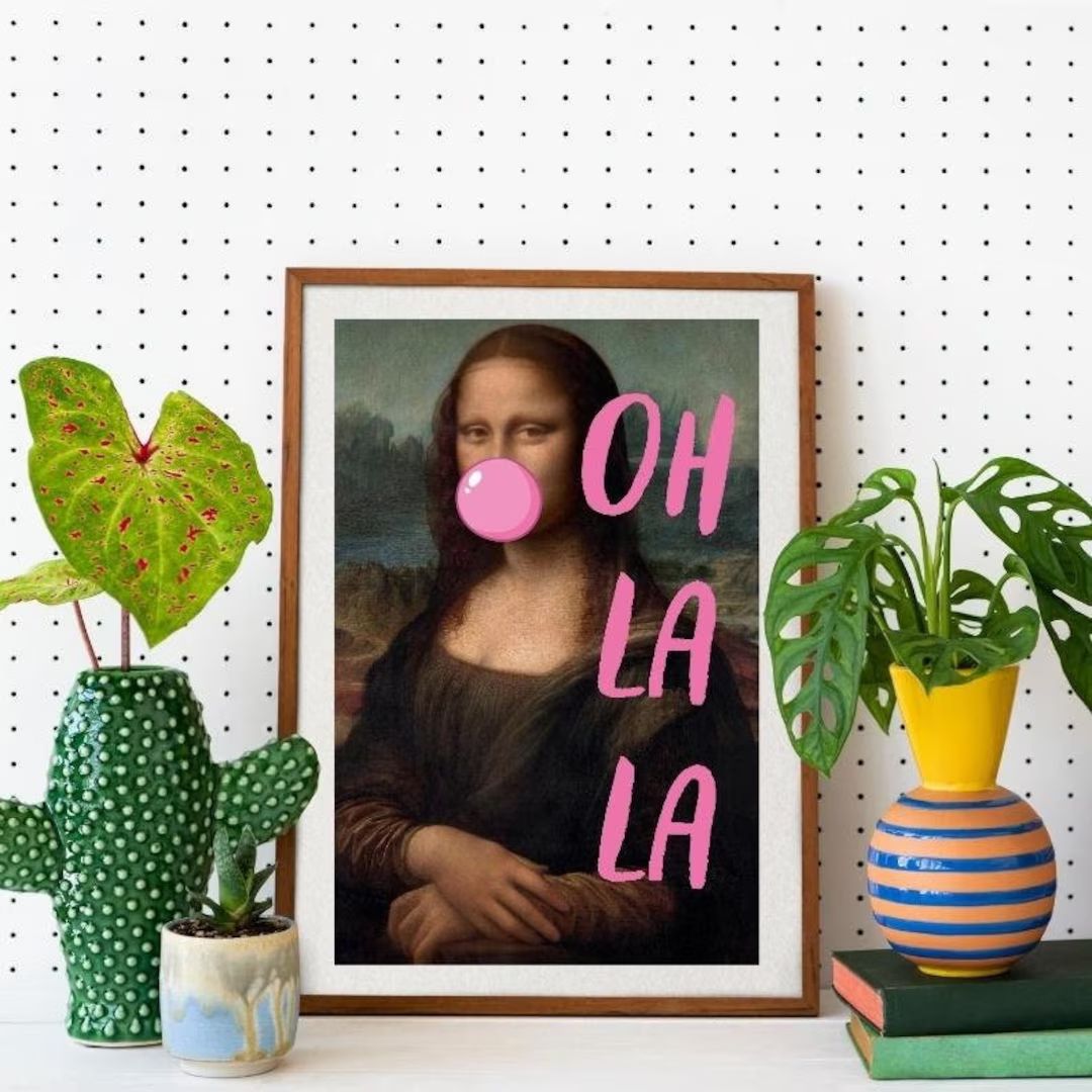 Oh La La Mona Lisa Altered Art Poster, Maximalist Wall Art, Pink Bubble Gum Mona Lisa Pop Art, Fu... | Etsy (US)