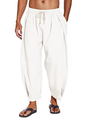 COOFANDY Men's Cotton Linen Harem Pants Drawstring Casual Cropped Trousers Lightweight Loose Beach Yoga Pants with Pockets | Amazon (US)