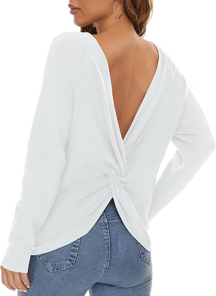 LILBETTER Women's Long Sleeve Loose Criss Cross Twisted Back Pullover Knit Jumper Sweaters | Amazon (US)