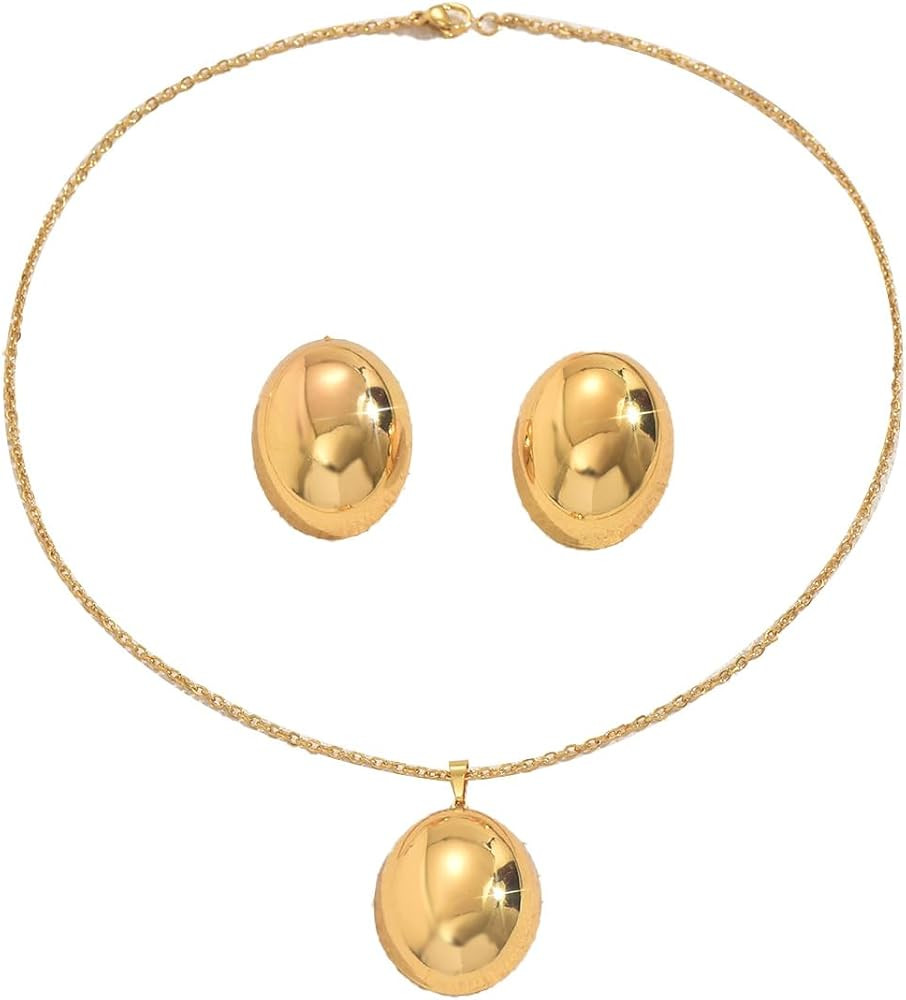 Dainty Gold pendant Necklace & Earrings Set for Women Elegant Smooth Surface Pendant Jewelry Set ... | Amazon (US)