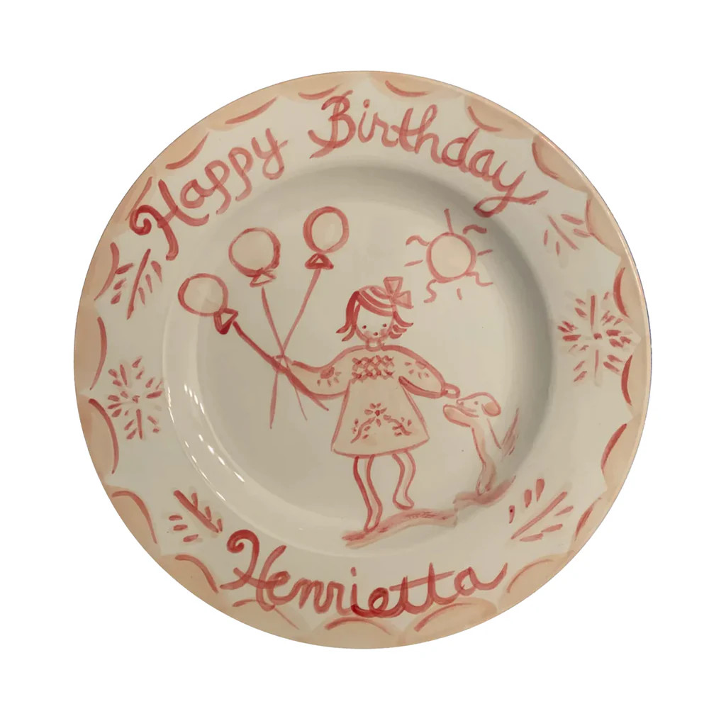 Birthday Plate Girl with Balloons and Dog in Pinks and Reds | Over The Moon