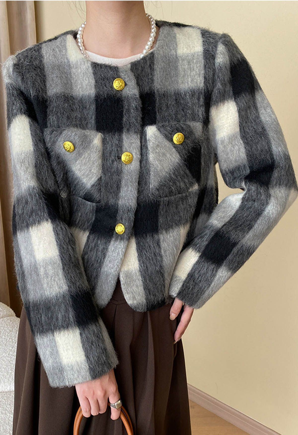 Modern Check Golden Button Fuzzy Crop Cardigan | Chicwish