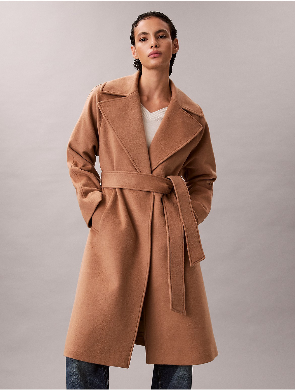 Calvin Klein Women's Wool Blend Belted Wrap Coat - Brown - M | Calvin Klein (US)