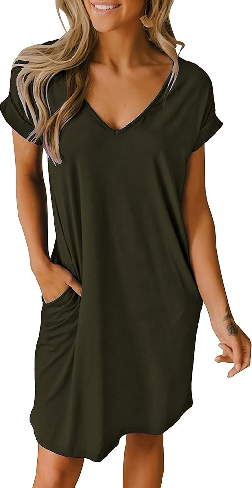 BTFBM Women V-Neck Short Sleeve Dresses Solid Color Casual Loose Fit T-Shirt Tunic Short Dress Pajam | Amazon (US)